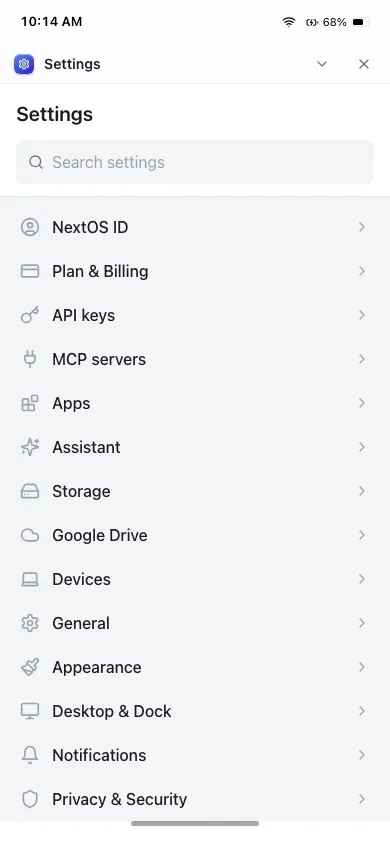 Settings on phone